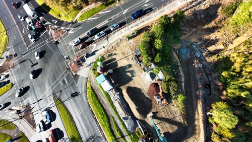 Aerial view of the Bush Road and Albany Expressway intersection. The work site is shown to the right of the image