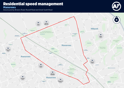 A map of the Manurewa Residential Speed Management programme priority area.