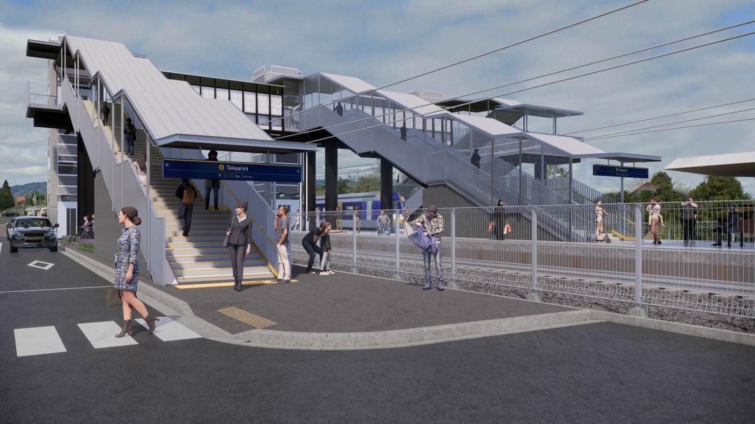 An artists impression of the pedestrian overbridge at Takaanini Station.
