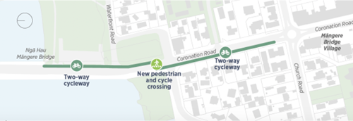 Map of proposed bike path from Ngā Hau Māngere Bridge to Māngere Bridge village