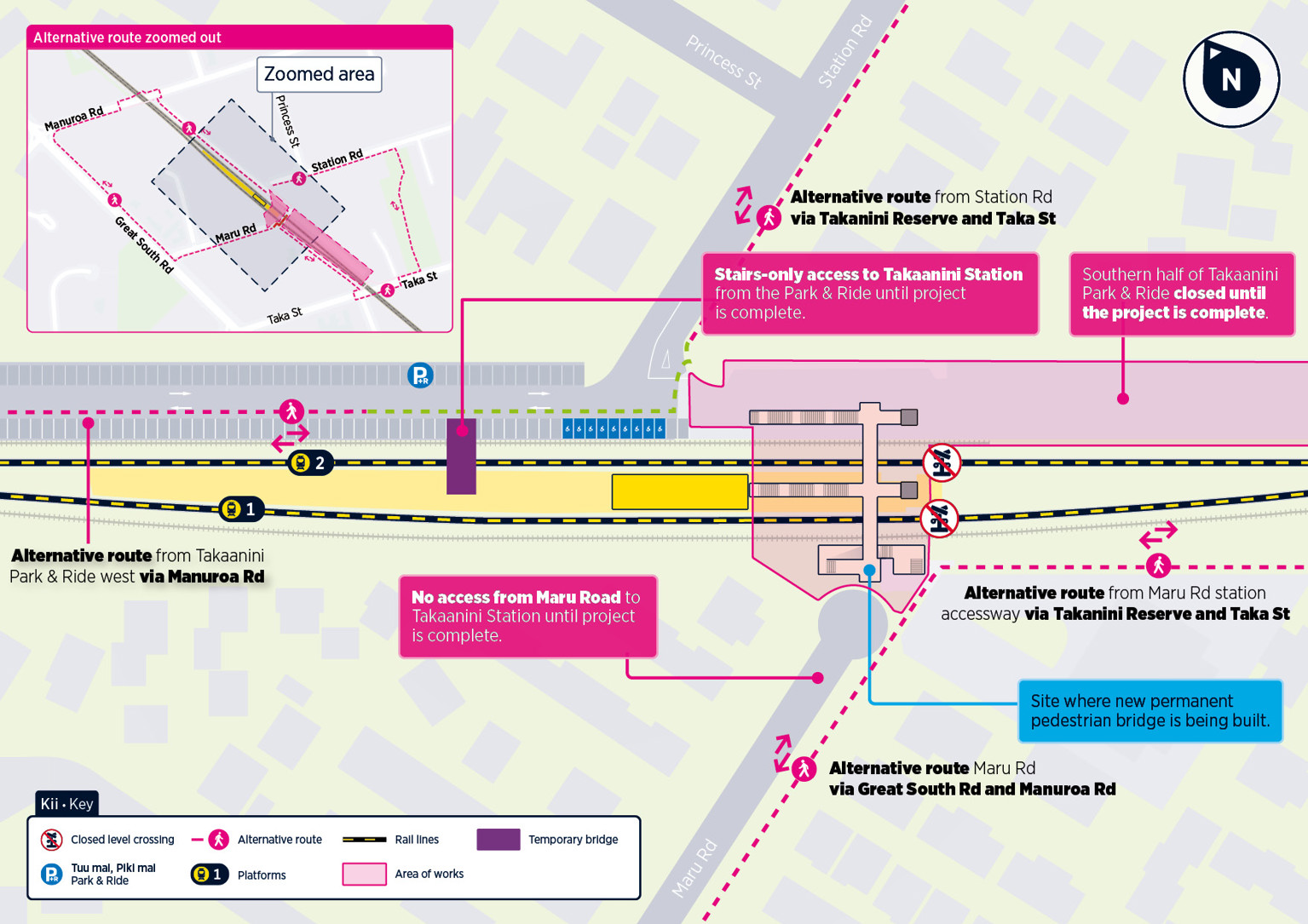 Map showing alternative access routes for Takaanini station during the construction work starting 27 January 2026. 