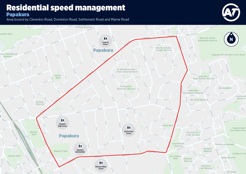A map of the Papakura Residential Speed Management programme priority area.