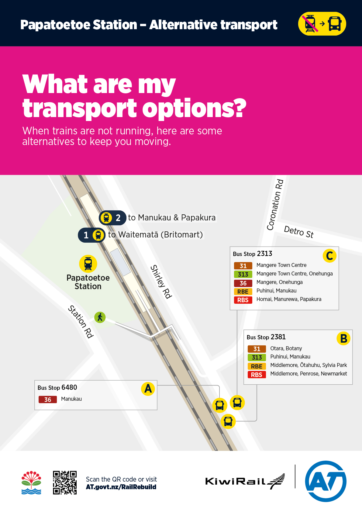 Map of Papatoetoe Station showing rail bus replacements.