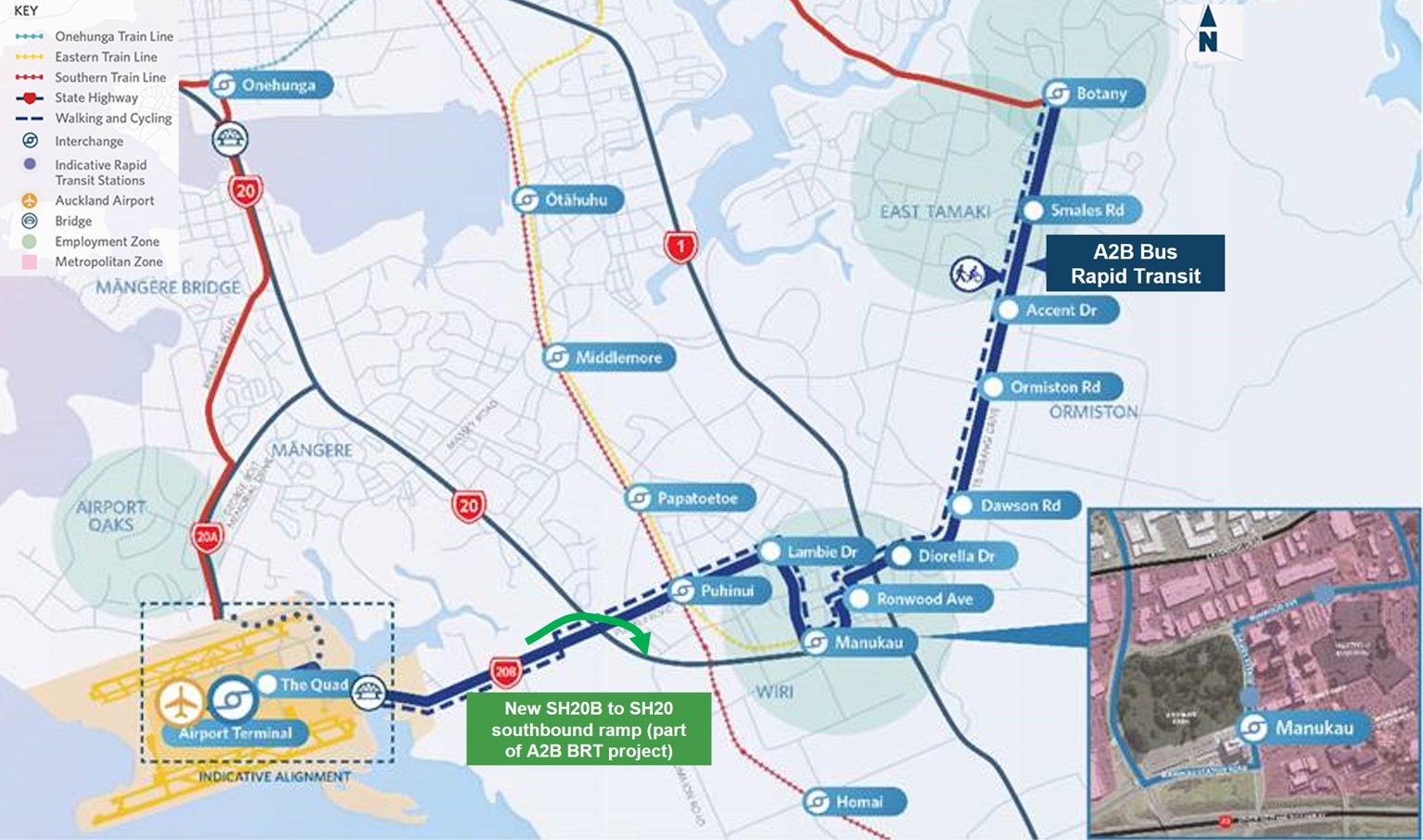 Map showing the planned improvements between Auckland Airport, Manukau and Botany.