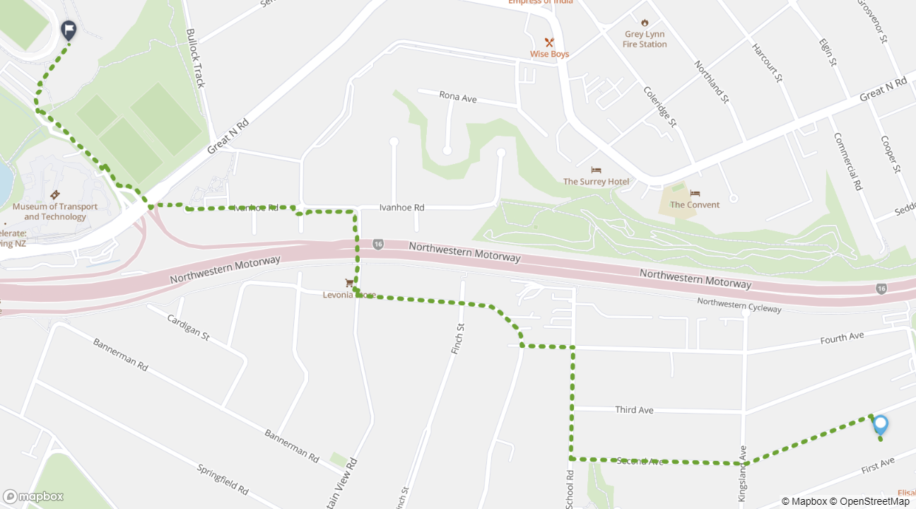 Kingsland to Western Springs Bowl walking route map